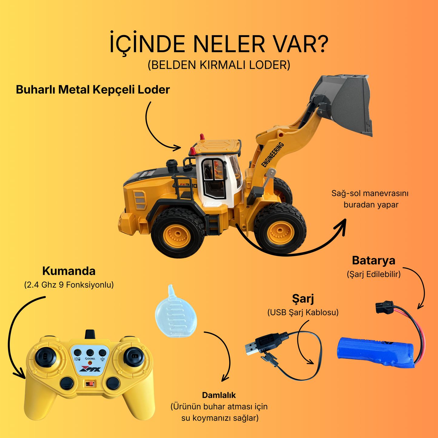 Uzaktan Kumandalı Buharlı Yükleyici Loder - 9 Fonksiyonlu LED Işıklı RC İş Makinesi